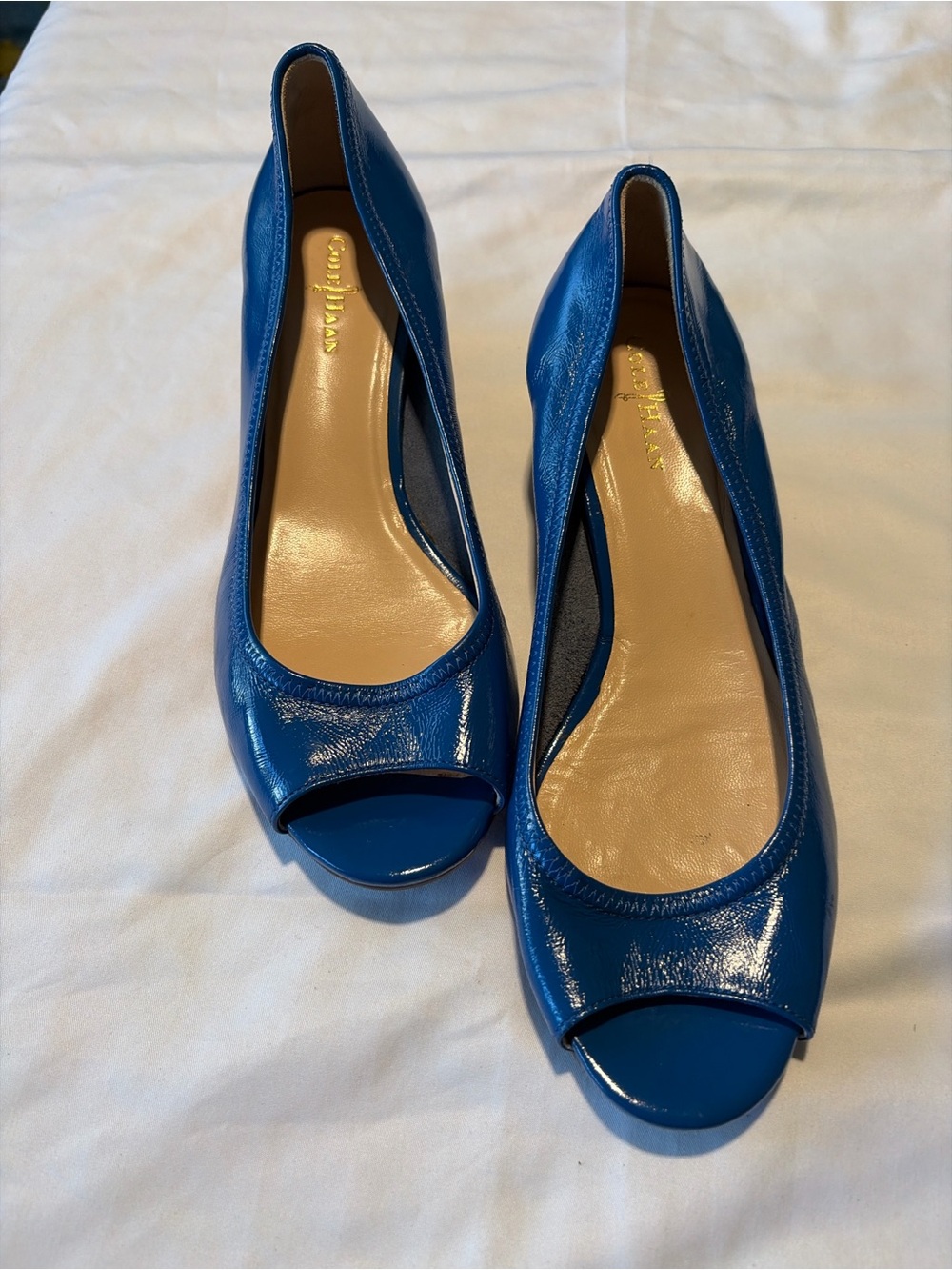 Cole Haan Blue Patent Peep-Toe Heels